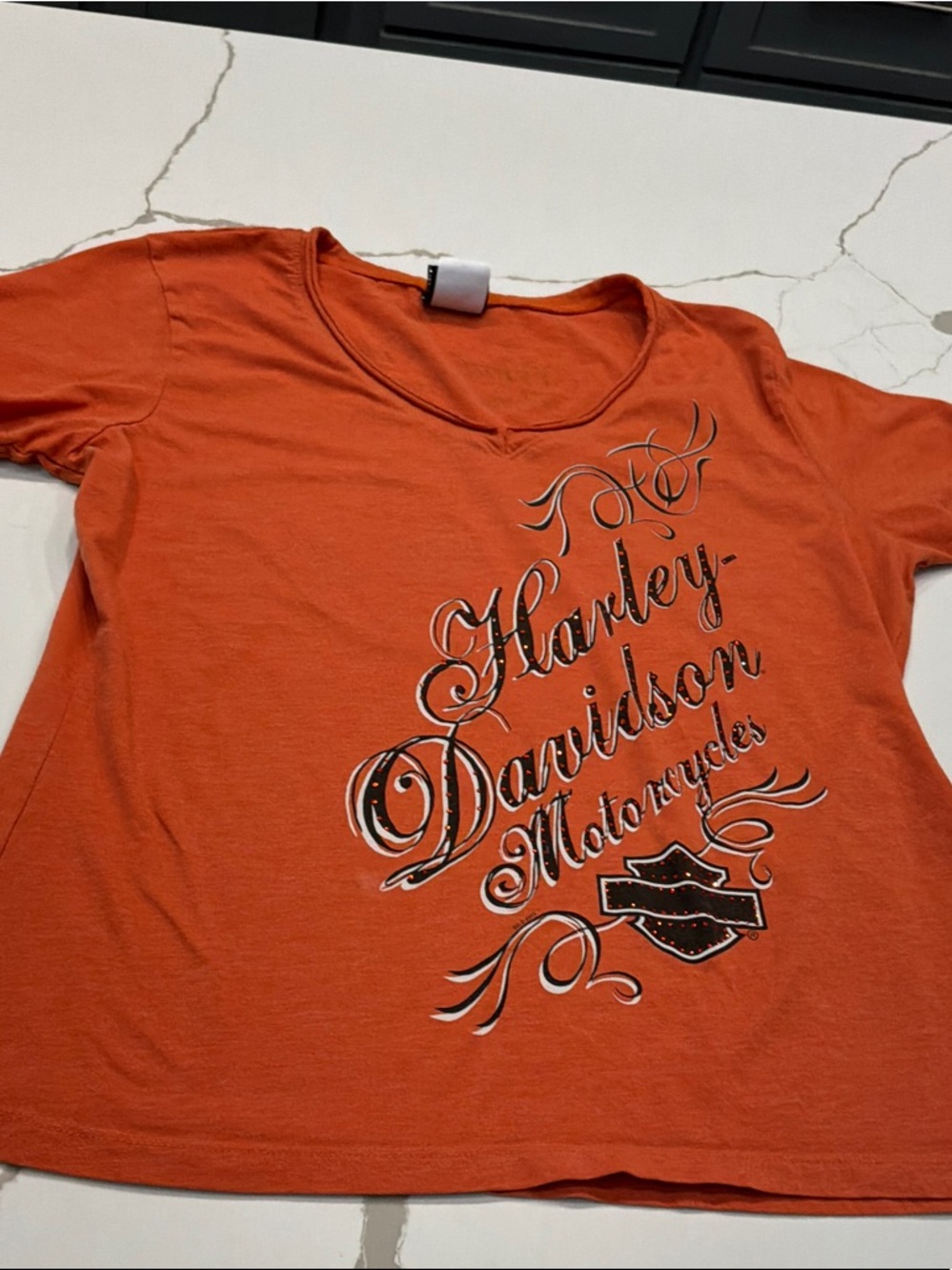 Harley-Davidson Women's Orange V-Neck Graphic Tee XL Sandusky OH Mad River